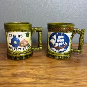 Vintage Handmade Ceramic Mugs 1969 Set of 2 Green Mariner Inn Ship Artist Signed